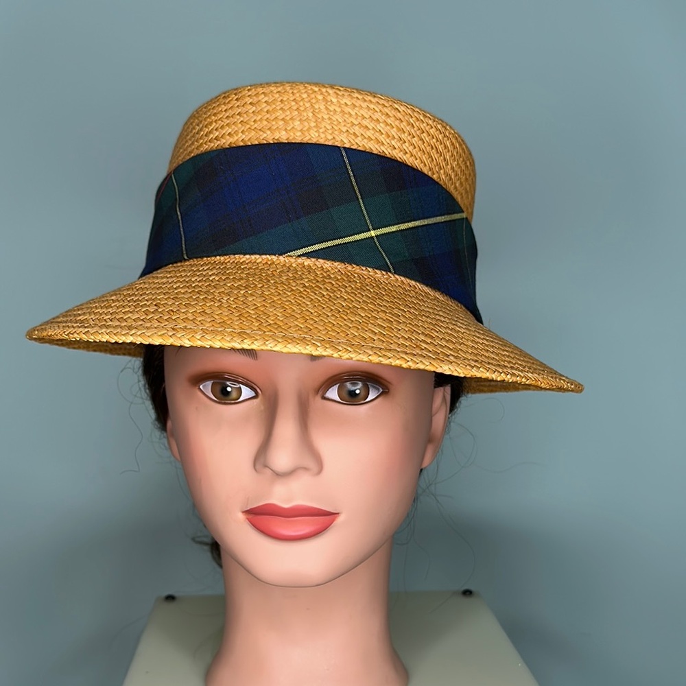 Straw Boater Hat, adorned with a tartan ribbon featuring an embroidered bagpiper